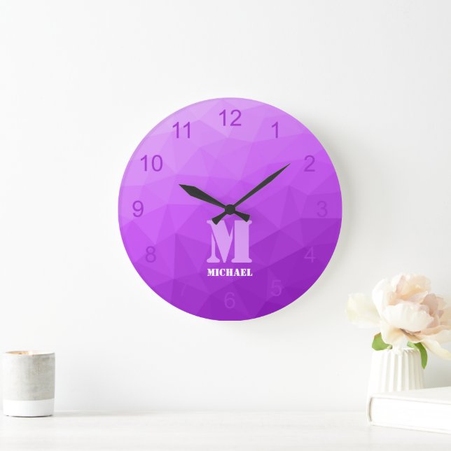 Purple lavender Geometry Mesh Pattern Monogram Large Clock (Home)