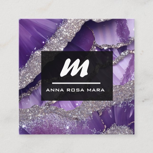 *~* Purple Lavender Glam Luxe Initial  QR AP66 Square Business Card (Front)