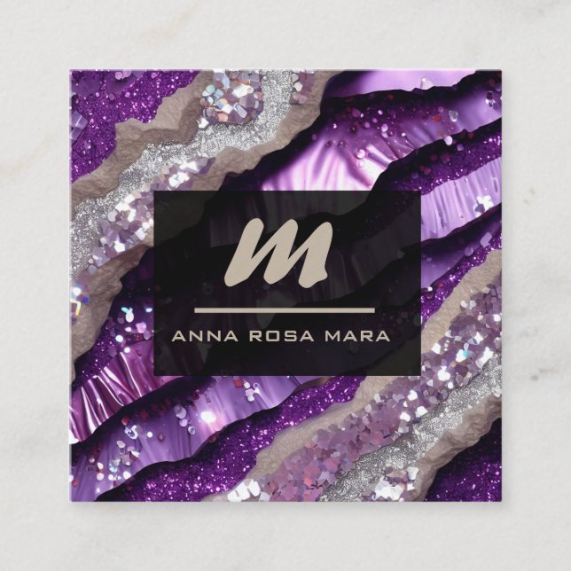 *~* Purple Lavender Glam QR  Luxe Initial AP66 Square Business Card (Front)