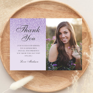 Purple lavender glitter photo thank you Sweet 16 Card