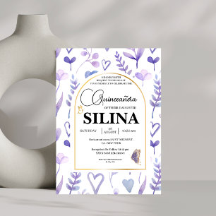 Purple Lavender Gold Arch Quinceañera Butterfly  Invitation