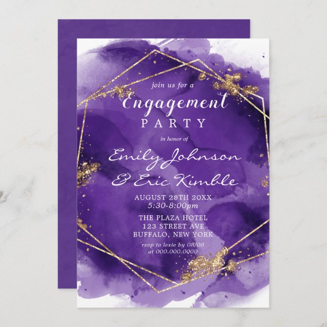 Purple Lavender Gold Paint Engagement Party Invitation (Front/Back)