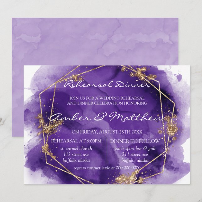 Purple Lavender Gold Paint Rehearsal Dinner Invita Invitation (Front/Back)
