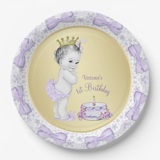 Purple Lavender Gold Princess 1st Birthday Party Paper Plate (Front)