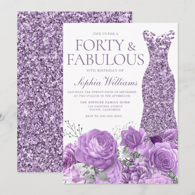Purple Lavender Gown Floral 40th Birthday Party Invitation (Front/Back)