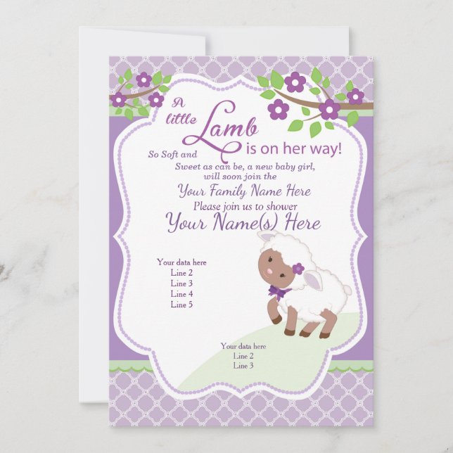 Purple lavender Green Lamb Baby Shower Invitation (Front)