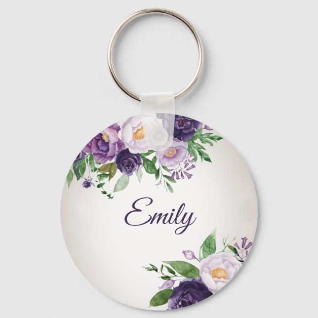Purple Lavender Greenery Grey  Key Ring (Front)