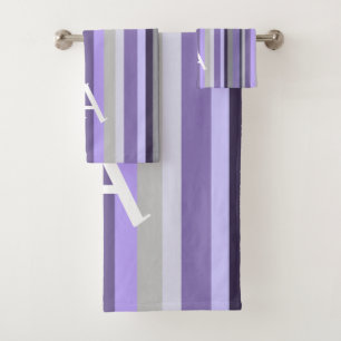 Purple Lavender Grey Vertical Striped Personalised Bath Towel Set