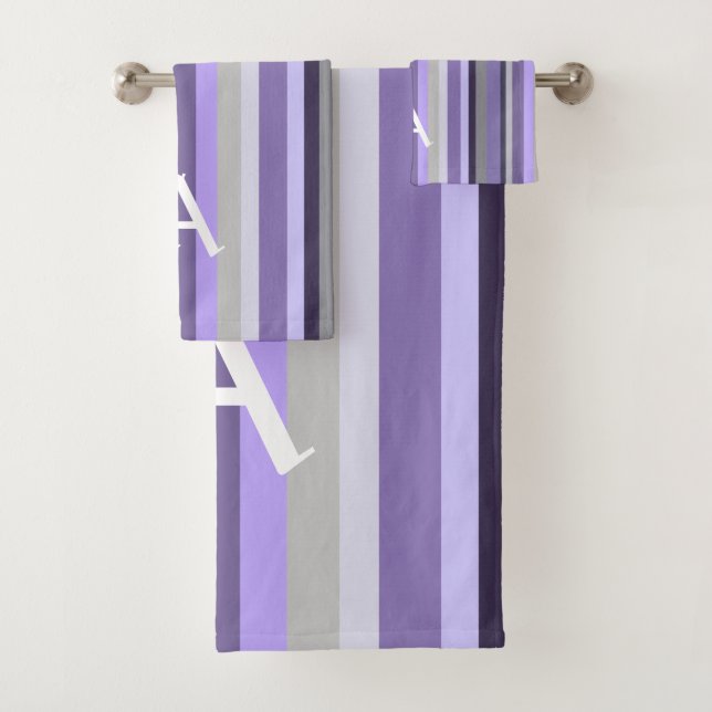 Purple Lavender Grey Vertical Striped Personalised Bath Towel Set (Insitu)