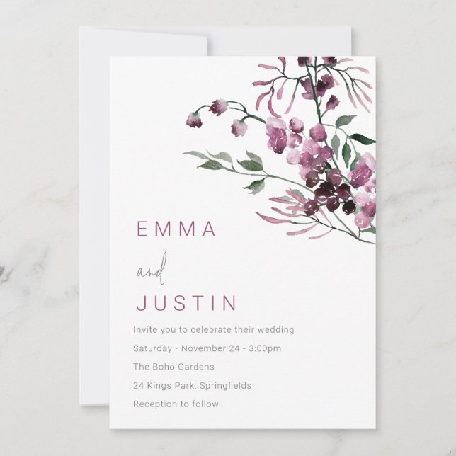 Purple Lavender Jasmine Floral Wedding  Invitation (Front)