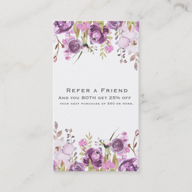 Purple Lavender Lilac Floral Chic Refer a Friend Referral Card (Front)