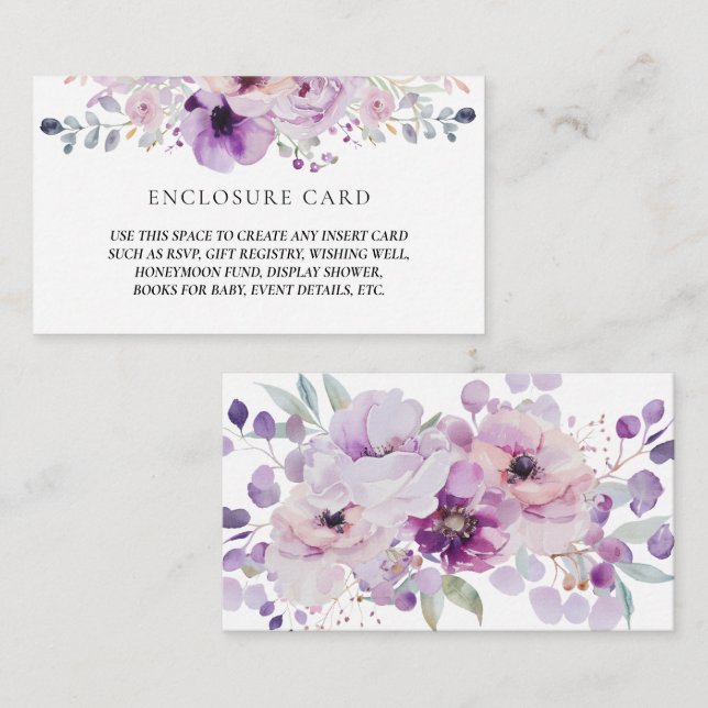 PURPLE LAVENDER LILAC WATERCOLOR FLORAL ENCLOSURE  CARD (Front/Back)