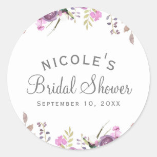 Purple Lavender Lilac Watercolor Floral Wedding Classic Round Sticker