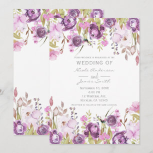 Purple Lavender Lilac Watercolor Floral Wedding Invitation