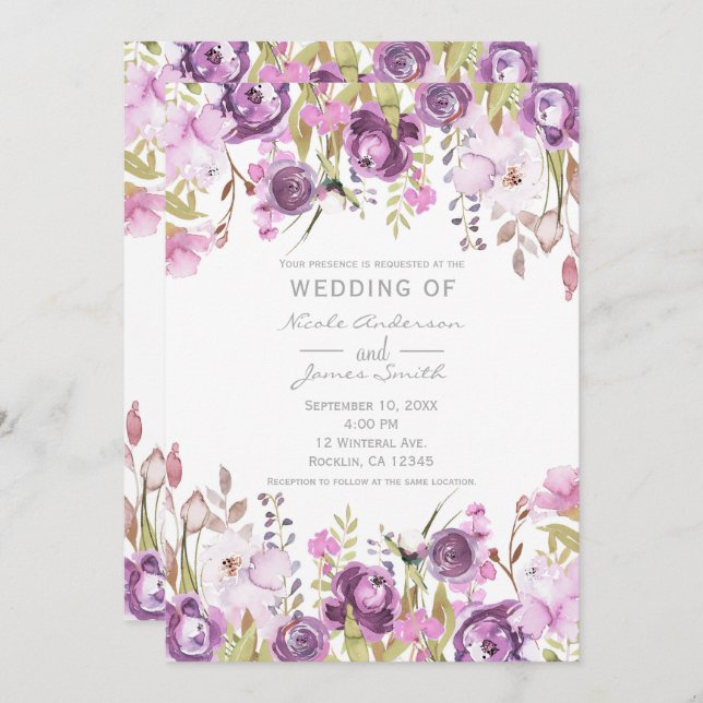 Purple Lavender Lilac Watercolor Floral Wedding Invitation (Front/Back)