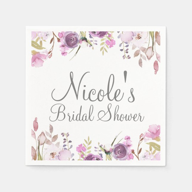 Purple Lavender Lilac Watercolor Floral Wedding Napkin (Front)