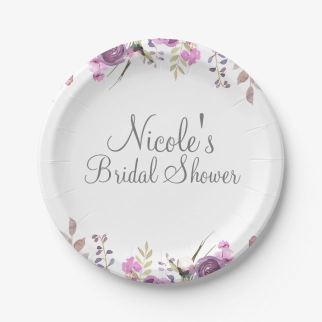 Purple Lavender Lilac Watercolor Floral Wedding Paper Plate (Front)