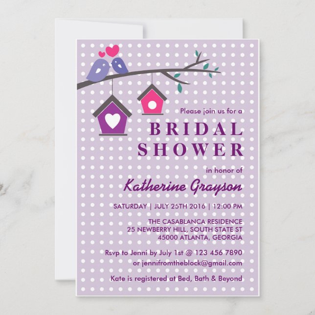 Purple Lavender Love Birds Polka Dots Invitation (Front)