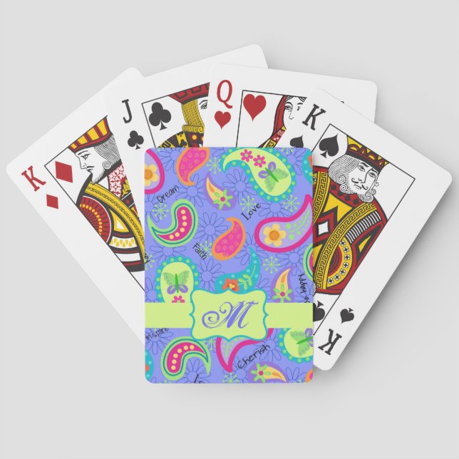 Purple Lavender Modern Paisley Pattern Monogram Playing Cards (Back)