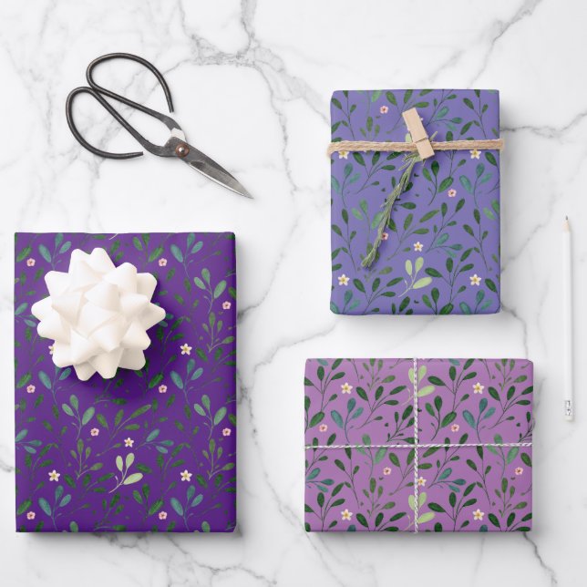 Purple lavender pattern watercolor leaves wrapping paper sheet (Front)