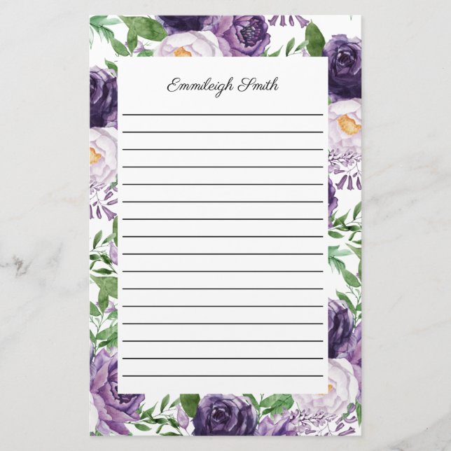 Purple Lavender Peonies Floral Lined  Stationery (Front)