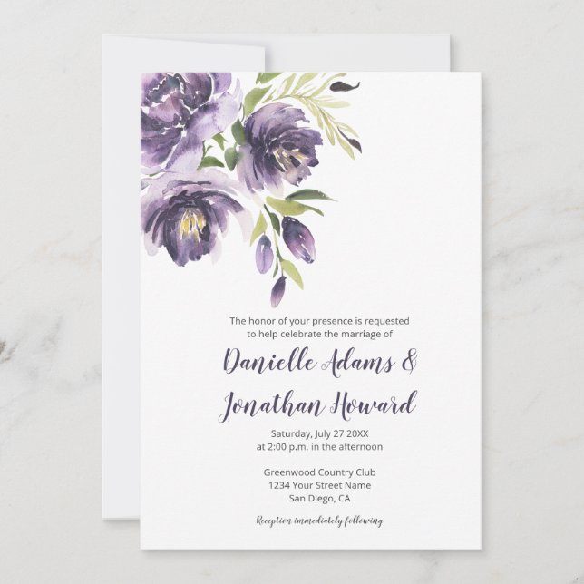 Purple Lavender Peonies - Purple Back Wedding Invitation (Front)