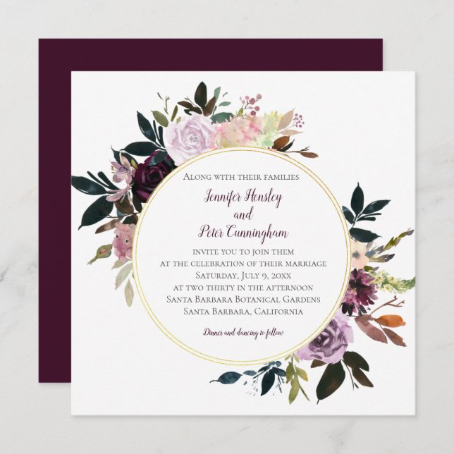 Purple Lavender Pink White Gold Circle Wedding Invitation (Front/Back)