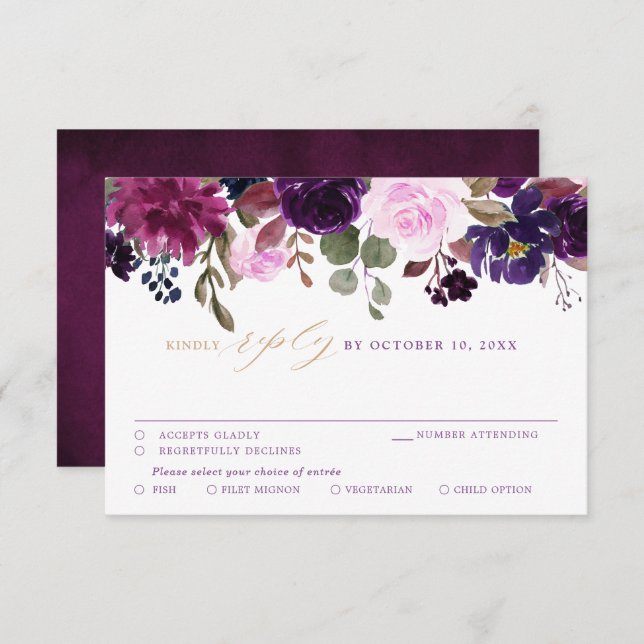 Purple Lavender Plum Floral Boho Wedding RSVP Card (Front/Back)