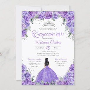 Purple Lavender Rose Silver Tiara Quinceanera Invi Invitation