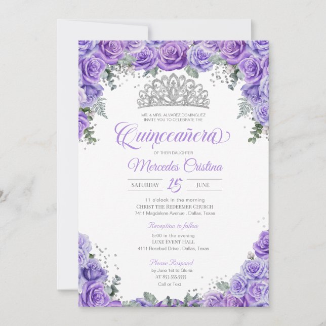 Purple Lavender Rose & Silver Tiara Quinceanera Invitation (Front)