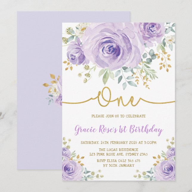 Purple Lavender Roses Girl 1st Birthday Party Invitation (Front/Back)