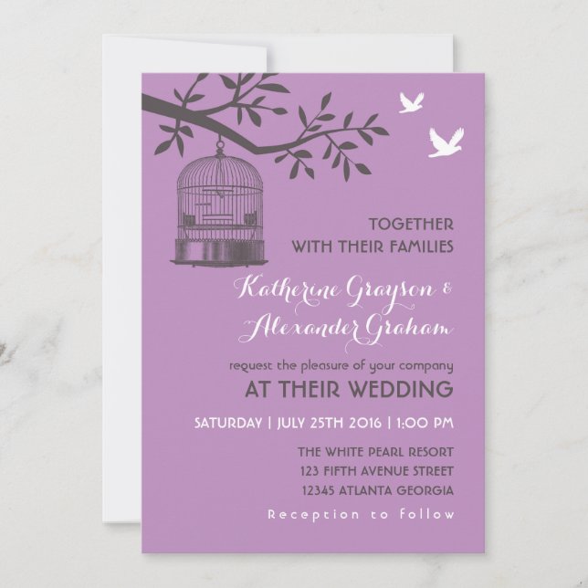 Purple Lavender Rustic Bird Cage Invitation (Front)