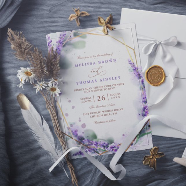 Purple Lavender Rustic Floral QR Code Wedding Invitation (Creator Uploaded)