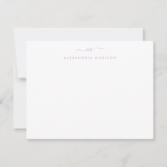 Purple Lavender Script Monogram Swash Stationery Card (Front)
