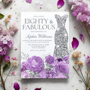 Purple Lavender & Silver 80th Birthday Party Invitation