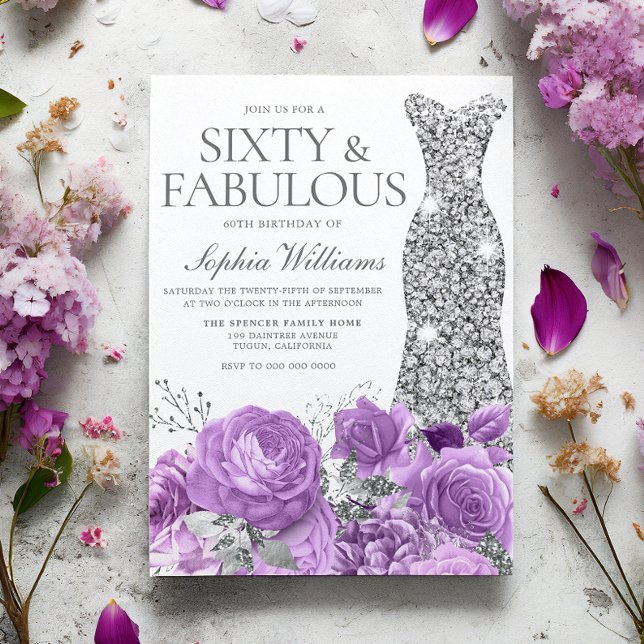 Purple Lavender & Silver Gown 60th Birthday Party Invitation (Creator Uploaded)