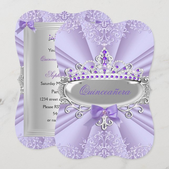 Purple Lavender Tiara Damask Quinceanera Party Invitation (Front/Back)
