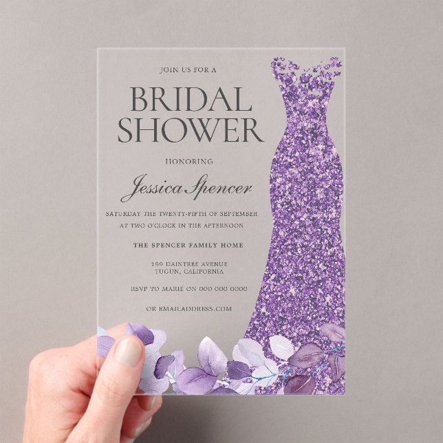 Purple Lavender Violet Dress Bridal Shower Acrylic Invitations (Insitu (Handheld))