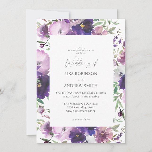 Purple Lavender & Violet Floral Wedding 2 Invitation (Front)