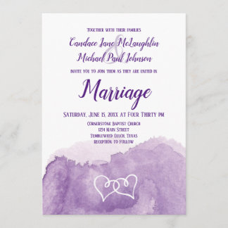 Purple Lavender Watercolor Double Hearts Wedding Invitation