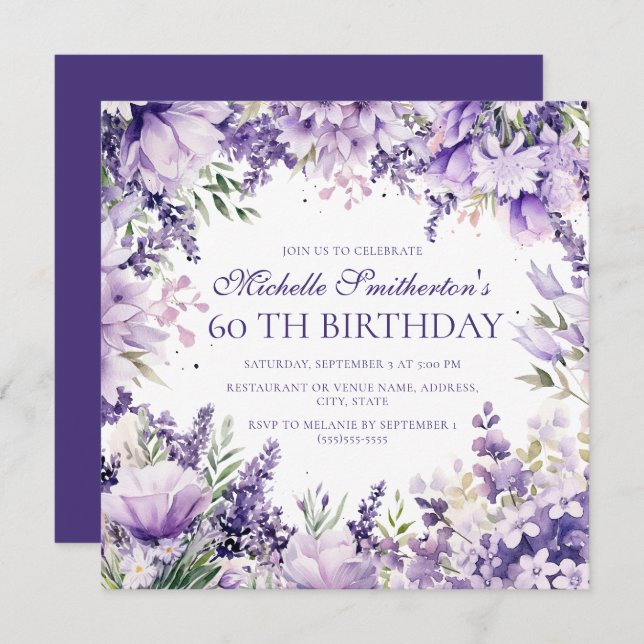 Purple Lavender Watercolor Floral 60th Birthday Invitation (Front/Back)