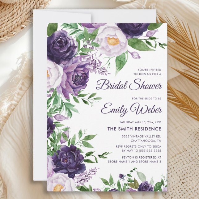 Purple Lavender Watercolor Floral Bridal Shower Invitation (Elegant purple and lavender floral bridal shower invitation)