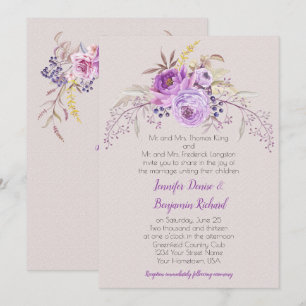Purple Lavender Watercolor Floral Roses Wedding Invitation