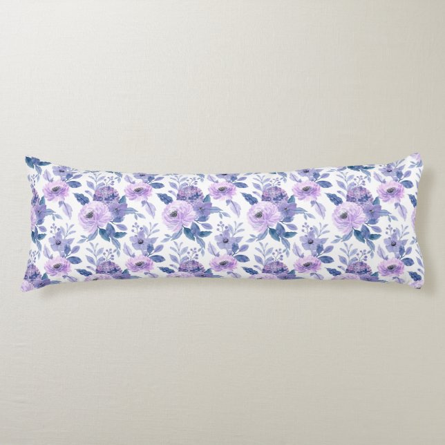 Purple Lavender Watercolor Floral White  Body Cushion (Front)