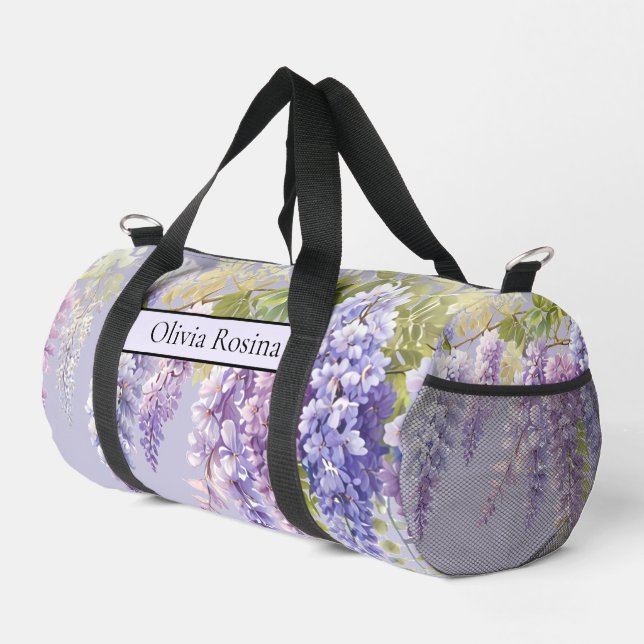 Purple lavender watercolor floral wisteria lilac  duffle bag (Right Corner)