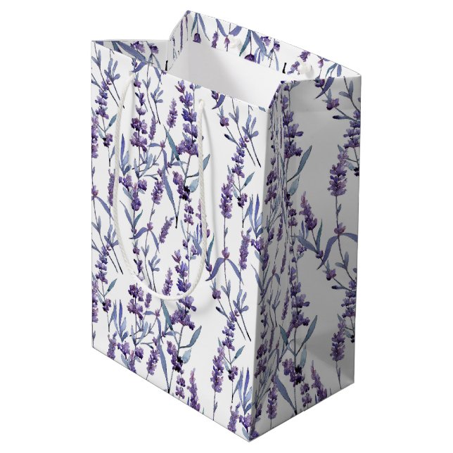 Purple Lavender Watercolor Flowers Medium Gift Bag (Back Angled)