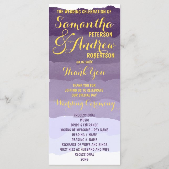Purple lavender watercolor ombre Wedding Program Programme (Front)
