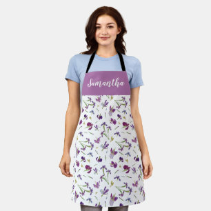 Purple Lavender Watercolor Wildflower Custom Name Apron