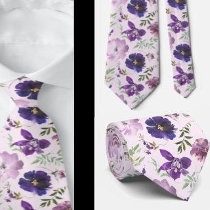Purple Lavender White Floral Watercolor Flowers Ne Tie