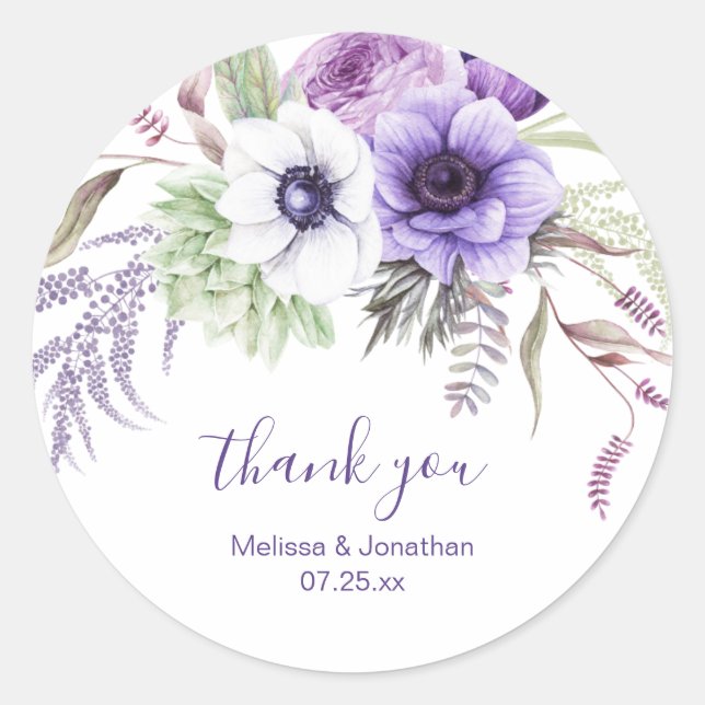 Purple Lavender White Floral Wedding Thank You Classic Round Sticker (Front)